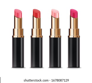 Realistic lipstick package set, make-up banner, lipstick collection color, beauty and cosmetics background, packaging mochup gold and white design vector