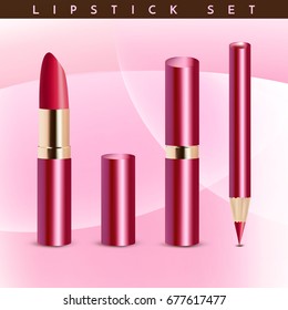 Realistic lipstick set isolated on glamour background. Contains lip pencil. Amazing vector illustration.