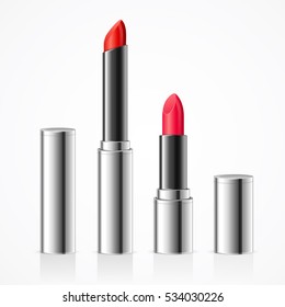 Realistic Lipstick In Silver Metal Tube Set Luxury Style. Decorative Professional Cosmetic For Woman. Vector Illustration