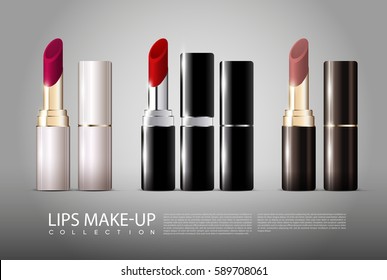 Realistic lipsticks collection of different colors with white brown and black tubes isolated vector illustration