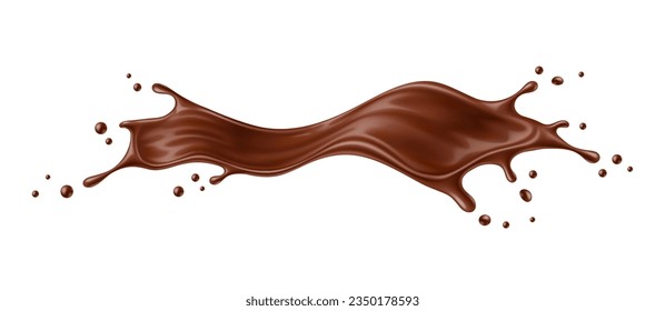 Realistic liquid brown chocolate long wave flow splash. Isolated 3d vector mouthwatering choco jet, velvety smooth cocoa cascading, rich, decadent layer, tempting the taste buds with luscious allure