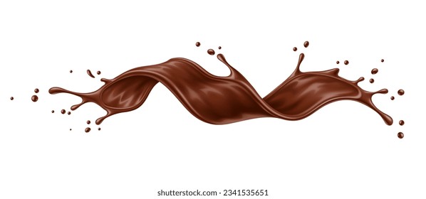 Realistic liquid brown chocolate wave splash. Isolated 3d vector delicious treat for the senses, rich and velvety with a burst of cocoa goodness. Brown choco swirl with drops, irresistible indulgence