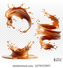 Realistic liquid caramel, confectionery sauce. Vector set of splashes of different shapes and design options. 3D food illustration for packaging design isolated on white background