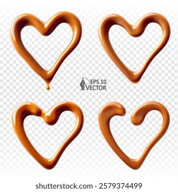 Realistic liquid caramel hearts, syrup, confectionery sauce. Vector set of decorations of different shapes and design options. 3D Food illustration for packaging design isolated on white background