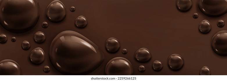 Realistic liquid chocolate background. Vector illustration of smooth cocoa, coffee surface with glossy bubbles. Sweet or bitter choco bar, dessert texture. Confectionery shop ads pattern. Brown paint