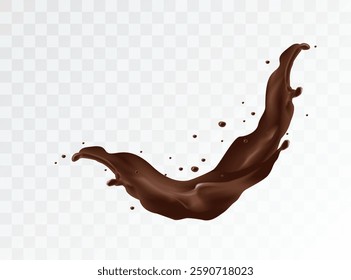 Realistic liquid chocolate or caramel on a transparent background. choco wave and splashing swirls. Vector illustration