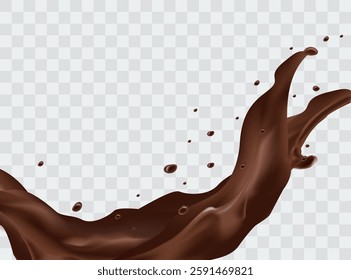 Realistic liquid chocolate or caramel on a transparent background. choco wave and splashing swirls. Vector illustration