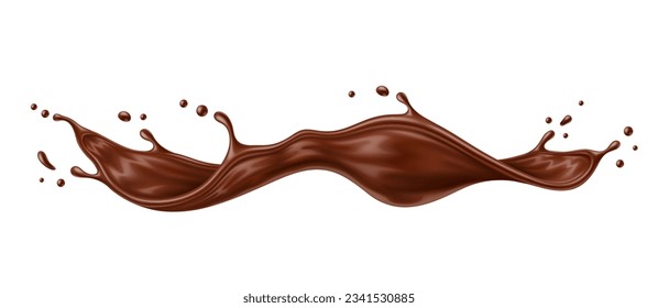 Realistic liquid chocolate long wave splash, enticing with its creamy richness, captures the essence of indulgence in a delectable treat. Isolated 3d vector brown splashing jet with droplets mid-air