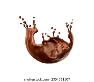 Realistic liquid chocolate milk cacao drink splash with splatters. isolated 3d vector cocoa dessert swirl drink or flow stream. Brown coffee stream with drops, splashing with dynamic droplets