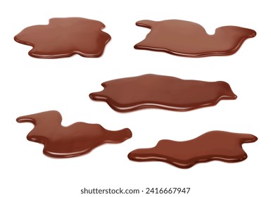 Realistic liquid chocolate puddles, brown choco milk spills. Isolated 3d vector tempting and decadent blots and drips with glossy surface. Rich and indulgent luscious blots, and mesmerizing drips set