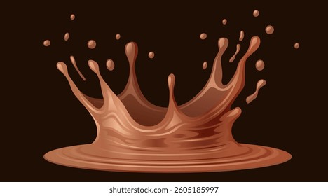 Realistic liquid chocolate splash isolated on dark background. Splash with drops. Vector illustration