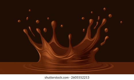 Realistic liquid chocolate splash isolated on dark background. Splash with drops. Vector illustration