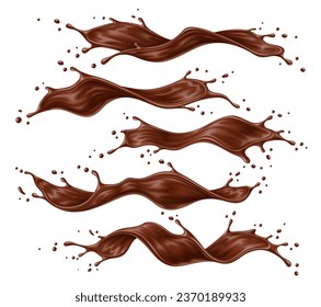 Realistic liquid chocolate splash wave. Brown choco, cream or cacao flow. Isolated 3d vector rich, velvety cascading sweet jets and creamy swirls, capturing the essence of indulgence and temptation