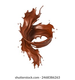 Giro de chocolate líquido realista. Salpica chocolate derretido. Choco marrón. Ilustración vectorial