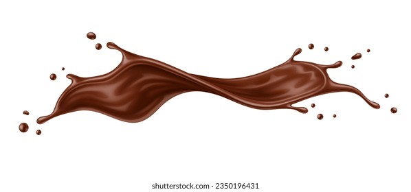 Realistic liquid chocolate wave flow splash. Isolated 3d vector delicious burst of melted choco dessert, flowing and swirling in a mesmerizing dance of sweetness and temptation at its finest