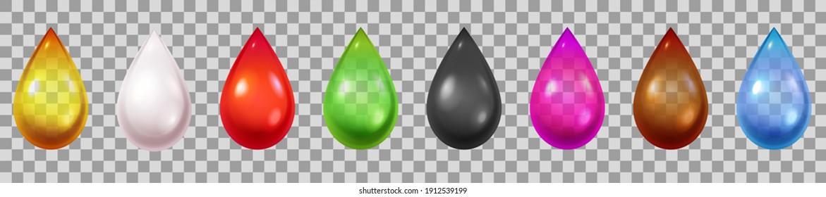 Gotas líquidas realistas. gotitas de agua, sangre, té verde y negro, crema, gasolina y aceite. Los cosméticos rosados y dorados dejan caer el conjunto de vectores. Derrame colorido líquido aislado o elementos fluidos