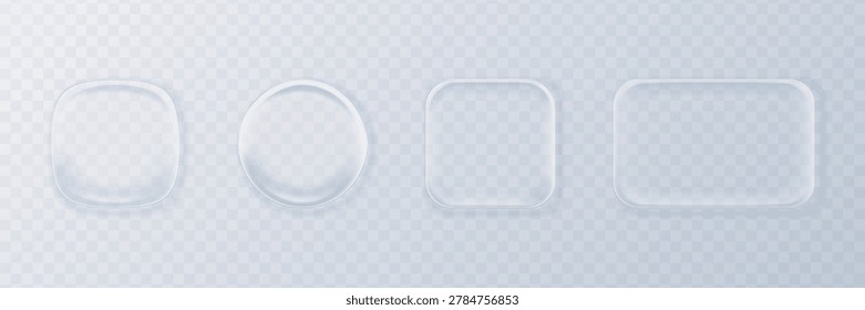 Realistic liquid glass interface buttons set isolated on transparent background. Minimalist user interface elements. Modern UI kit design with geometric shapes and glow effect. Vector illustration