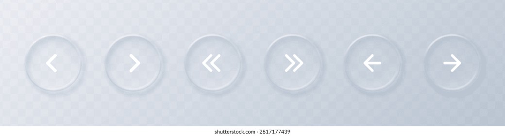 Realistic liquid glass morphism navigation arrow icon set isolated on transparent background. Frosted glossy UI buttons with left and right arrows for web and mobile app. Vector illustration