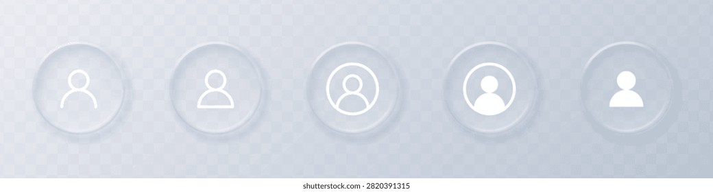 Realistic liquid glass morphism user profile icon set for website and mobile apps. Glassmorphism default avatar profile symbols. Social media user account. Member pictogram. Vector illustration