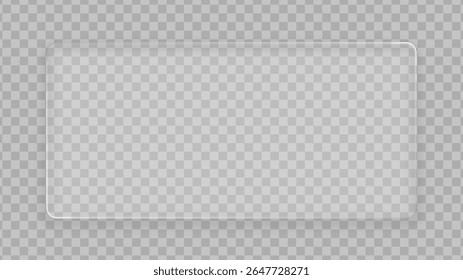 Realistic liquid glass plate for infographic, web design, or ui element. Transparent screen display on checker background.