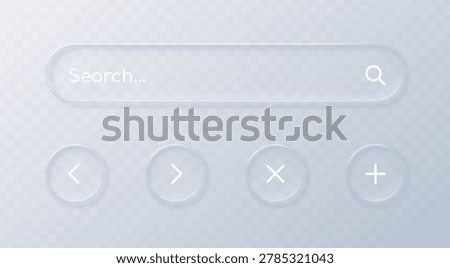 Realistic liquid glass UI elements set with search bar and buttons isolated on transparent background. Modern minimalist design for user interface and website. Vector illustration.