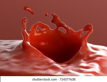realistic liquid ketchup splash close-up isolated on light red.