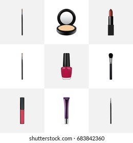 Realistic Liquid Lipstick, Blusher, Brow Makeup Tool And Other Vector Elements. Set Of Greasepaint Symbols Also Includes Contour, Cosmetic, Pomade Objects.