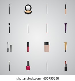 Realistic Liquid Lipstick, Blusher, Cosmetic Stick And Other Vector Elements. Set Of Cosmetics Realistic Symbols Also Includes Foundation, Brush, Cosmetics Objects.