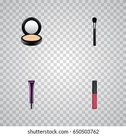 Realistic Liquid Lipstick, Blusher, Day Creme And Other Vector Elements. Set Of Greasepaint Realistic Symbols Also Includes Makeup, Brush, Brow Objects.