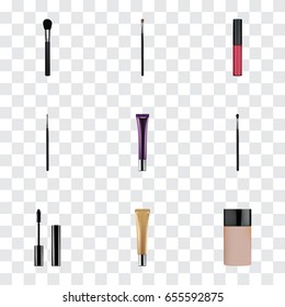 Realistic Liquid Lipstick, Brush, Day Creme And Other Vector Elements. Set Of Cosmetics Realistic Symbols Also Includes Brow, Contour, Cosmetics Objects.