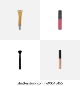 Realistic Liquid Lipstick, Collagen Tube, Cover And Other Vector Elements. Set Of Greasepaint Realistic Symbols Also Includes Lipstick, Collagen, Tassel Objects.