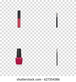 Realistic Liquid Lipstick, Varnish, Powder Blush And Other Vector Elements. Set Of Cosmetics Realistic Symbols Also Includes Lipstick, Liquid, Brow Objects.