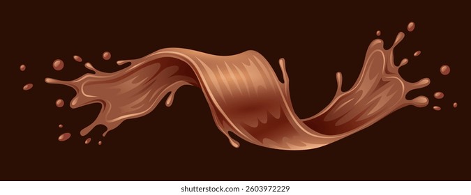 Realistic liquid milk chocolate wave splash isolated on dark background. Swirl with drops. Vector illustration