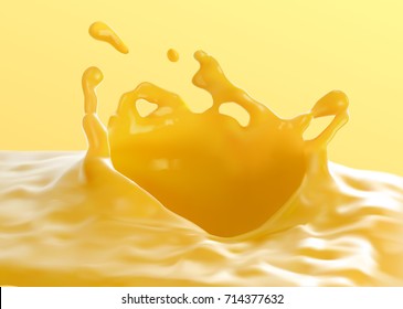 realistic liquid orange juice,orangeade splash close-up isolated on bright orange.