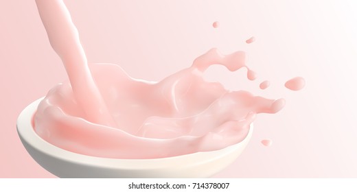 realistic liquid pink strawberry milk pour on a wooden bowl and splash out, isolated on light pink background.