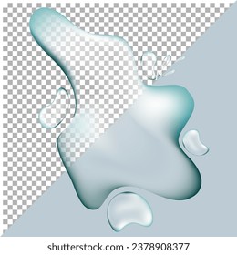 Realistic liquid puddle water drops isolated on transparent and blue background. Transparent drops of pure water, blue cosmetic serum or gel on top view, vector