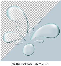 Realistic liquid puddle water splashes isolated on transparent and blue background. Transparent drops of pure water, blue cosmetic serum or gel on top view, vector realistic set