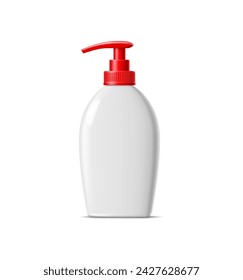 Realistic liquid soap bottle or shampoo pump container, vector cosmetics and detergent package 3d mockup. White plastic dispenser with red pump for soap, shampoo and body lotion, shower gel and cream