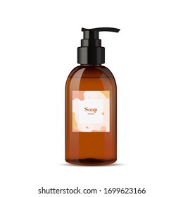 Realistic Liquid Soap Brown Bottle With Pump Mockup Isolated On White Background. Vector Illustration