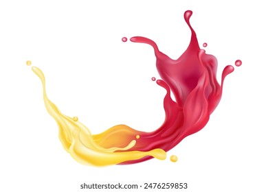 Realistic liquid splashing mixed color juice orange, lemonade, strawberry, berry with drops isolated on white background. vector 3d illustration. Food and drink concept. 