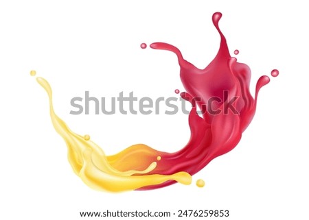 Realistic liquid splashing mixed color juice orange, lemonade, strawberry, berry with drops isolated on white background. vector 3d illustration. Food and drink concept. 