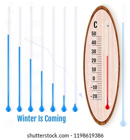Realistic liquid thermometer, celsius and fahrenheit scales, red and blue indicators. Vector illustration