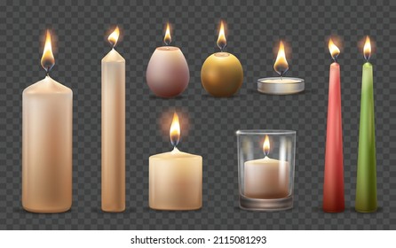 Realistic lit candles. 3d white candle with flare flame, christmas candlelight, celebration decorative wax birthday anniversary holiday, church paraffin, tidy vector illustration. 3d realistic candle