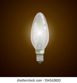 Realistic lit light bulb isolated on black background. Vector Illustration