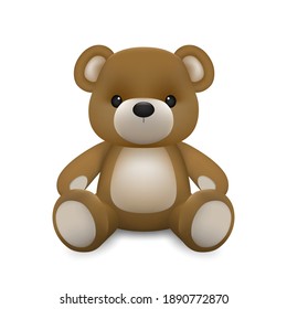 Realistic little cute baby bear doll character sitting on the ground isolated on white background. An animal bear cartoon relaxing gesture. Vector illustration design.