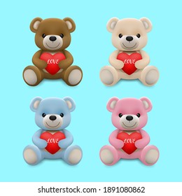 Realistic little cute smiling baby bear doll character hug red heart and sitting on the ground isolated on white background. An animal bear cartoon relaxing gesture. Vector illustration design.