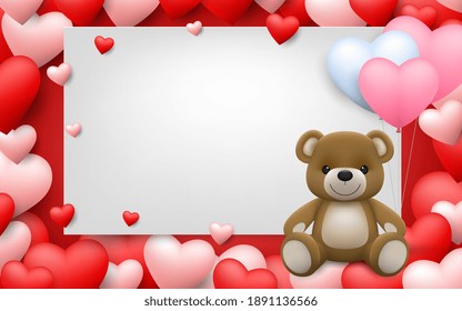 Realistic little cute smiling baby bear doll character hug red heart and sitting on white frame with full of hearts background. An animal bear cartoon relaxing gesture. Vector illustration design.