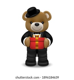 Realistic little cute smiling bear doll wear tuxedo character holding a gift box and standing isolated on white background. Valentine's day and love concept vector illustration design.