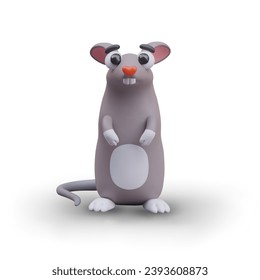 Realistische kleine Maus auf weißem Hintergrund. Modell für Online-Computerspiel. Fang ein Mausspiel. Rat im realistischen Cartoon 3D-Stil. Vektorgrafik