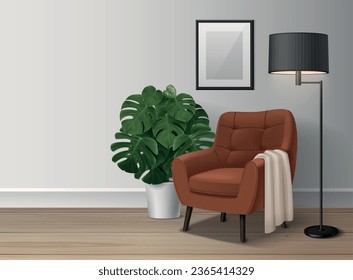 Realistic living room interior with armchair lamp and monster plant vector illustration